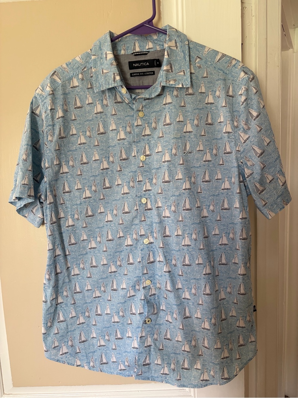 Nautica Blue Sailboat Print Short Sleeve Button-Up